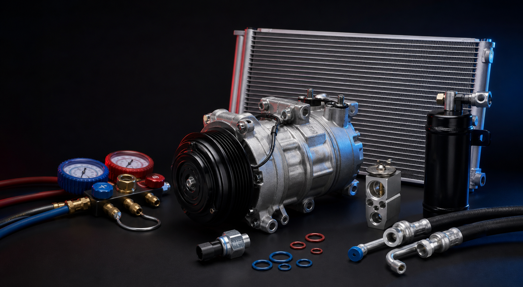 Automotive air-conditioning compressor, condenser, receiver drier, expansion valve and service tools